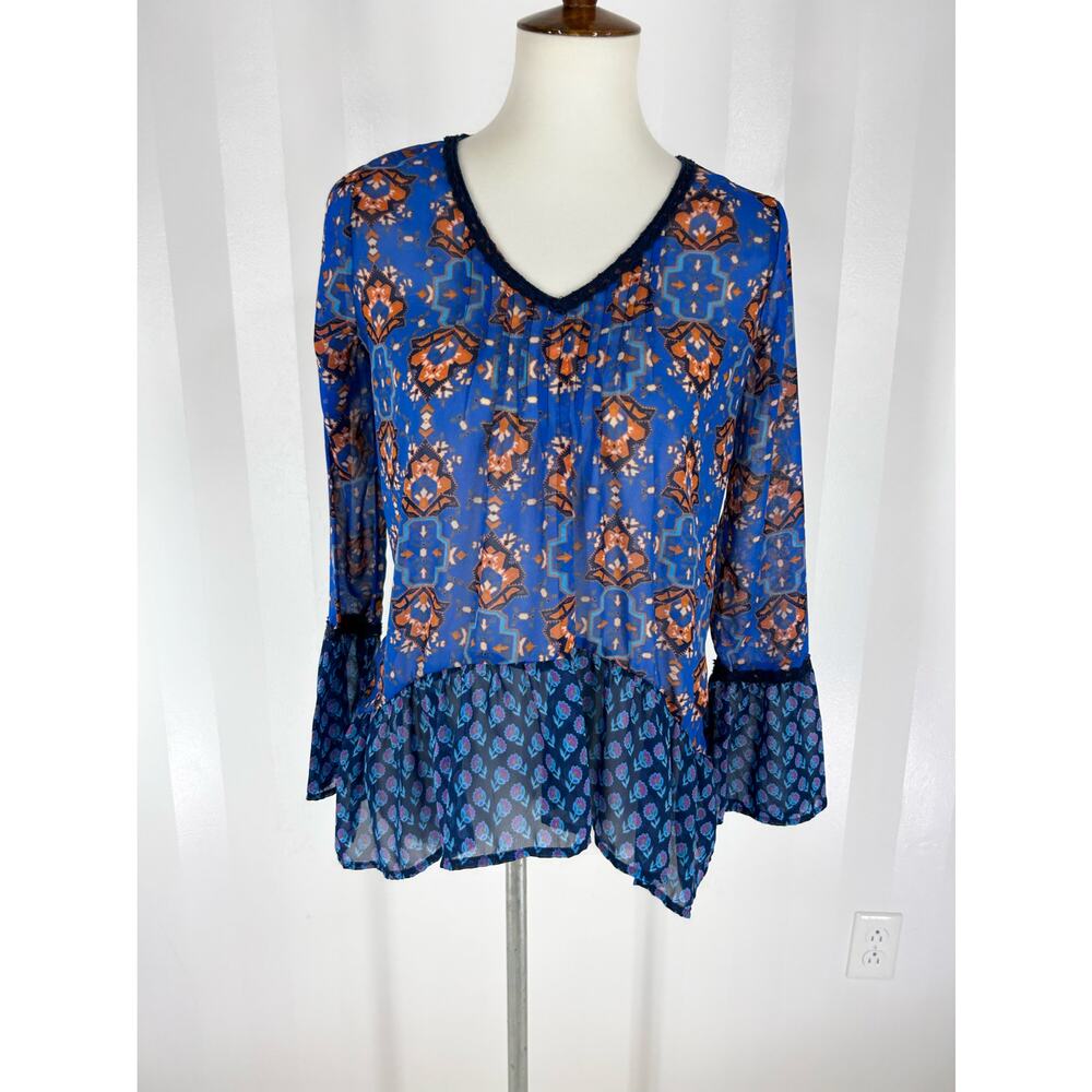 RED CAMEL Women’s Blue & Orange Pattern Sheer Top Sz M